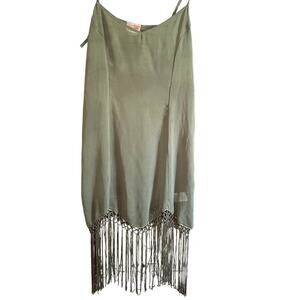 FREE PEOPLE | Intimately Sheer Olive Green Slip Dress with Fringe Trim | Small